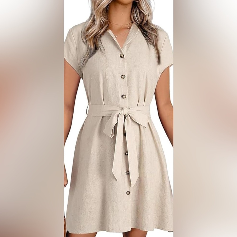 NWT Blashe Button Down Dress Size S Tie Belt Collared Short Sleeve Linen Blend